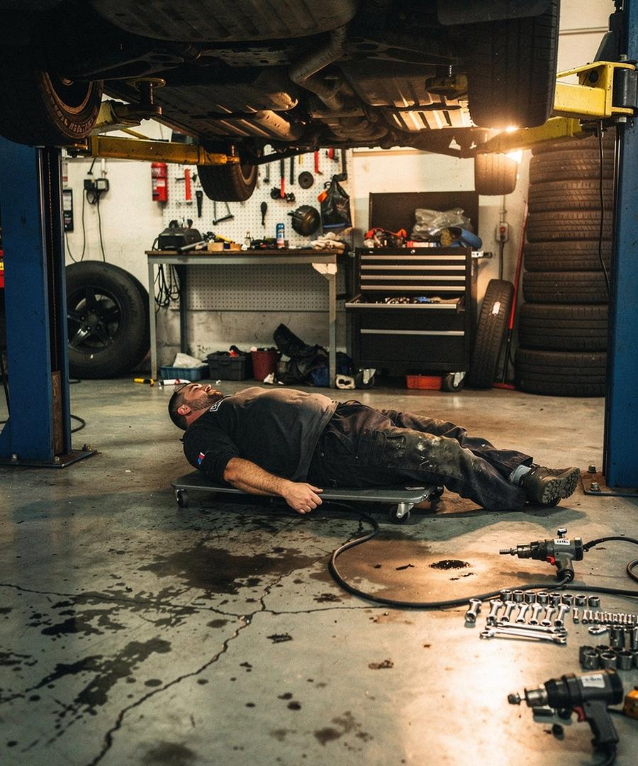 Mechanic working under a lifted car in a GearLine workshop