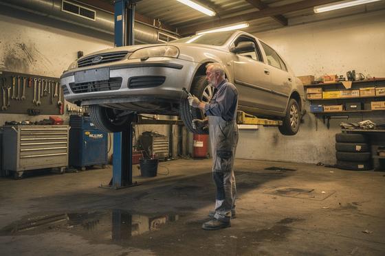 Mechanic inspecting a car on a lift inside a GearLine workshop