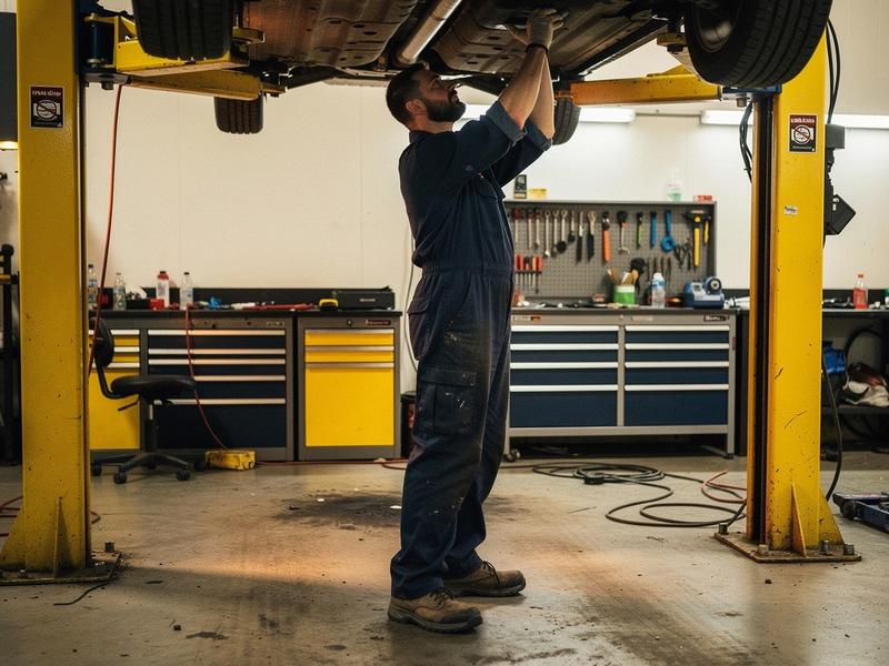 Mechanic inspecting a car on a lift in a GearLine workshop