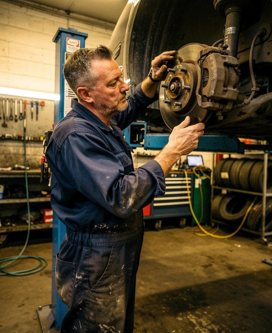 Mechanic inspecting a car on a lift inside a GearLine workshop