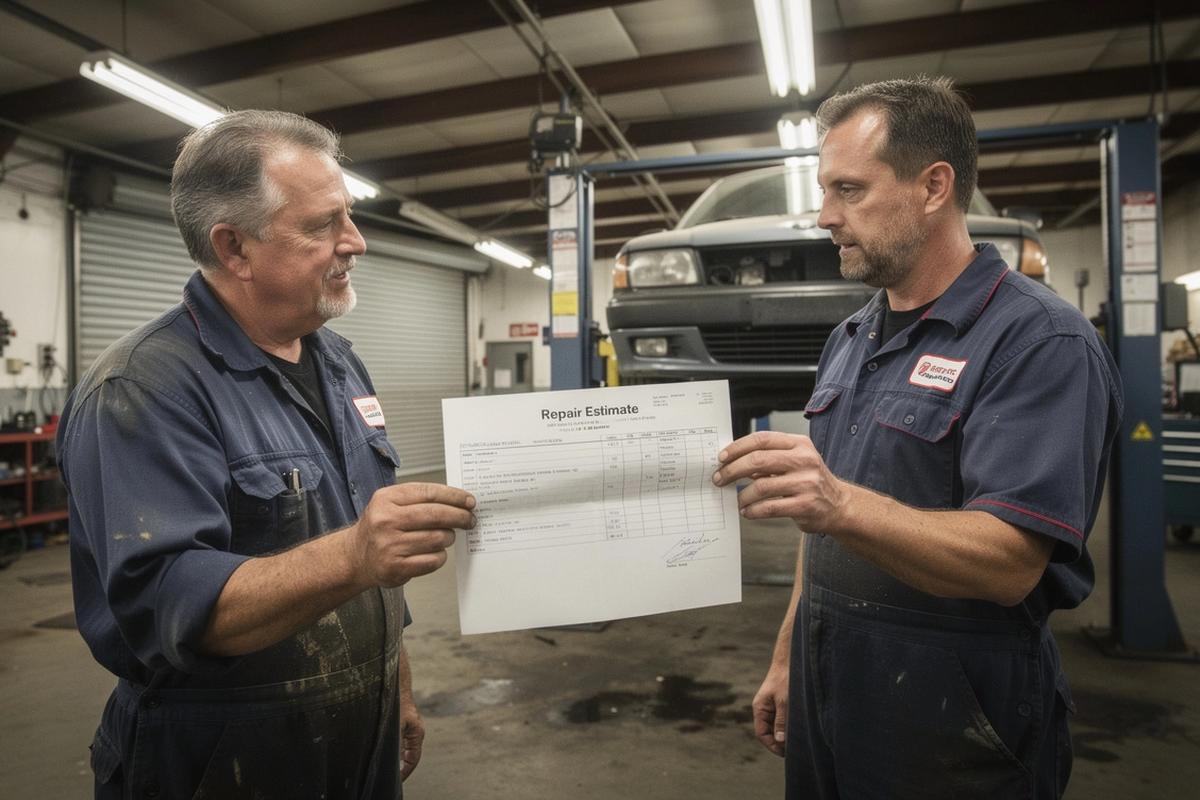 Mechanic showing a written quote to a customer next to a car on a lift