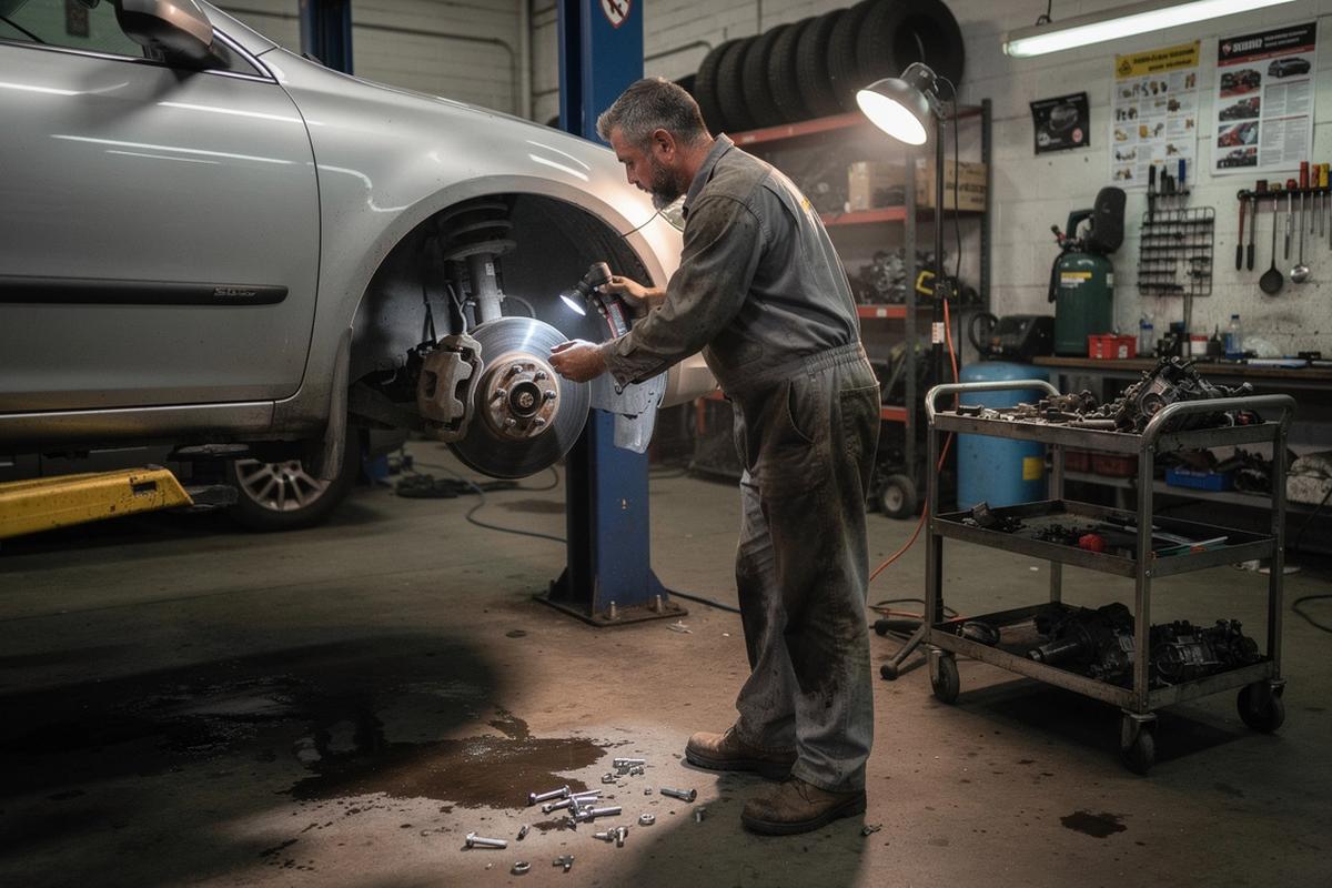 Mechanic inspecting brake discs on a lifted car at a GearLine workshop